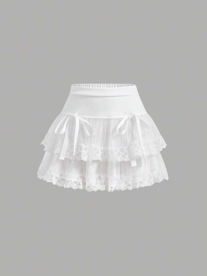 SHEIN MOD Contrast Embroidery Mesh Tie Front Layer Hem Skirt | SHEIN