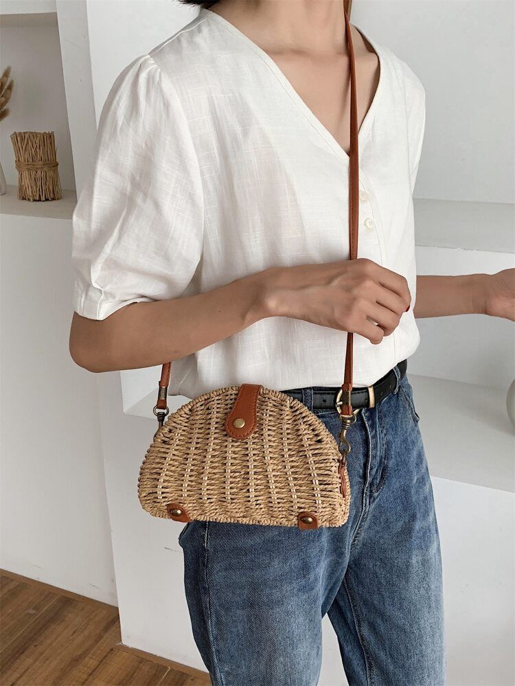 Mini Vacation Design Snap Button Straw Bag | SHEIN
