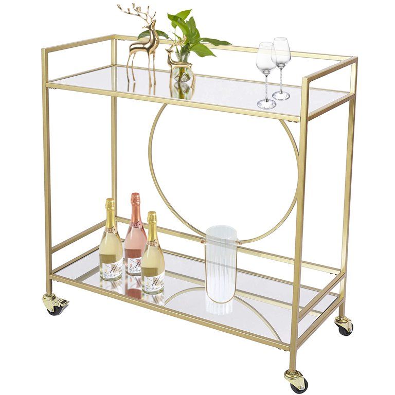 Bar Cart with 2 Mirrored Shelves,2 - Tier Gold Rolling Serving Cart U200043 - Walmart.com | Walmart (US)