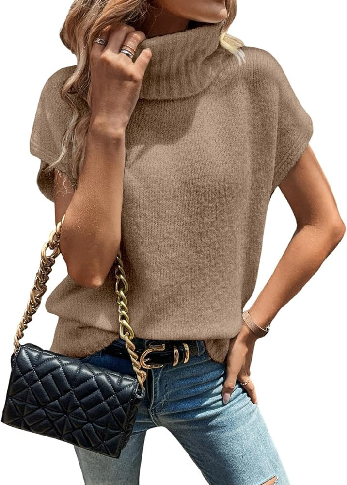 WDIRARA Women's Turtleneck Cap Sleeve Sweater Vest Pullover Knitted Top Loose Oversized Knitwear | Amazon (US)
