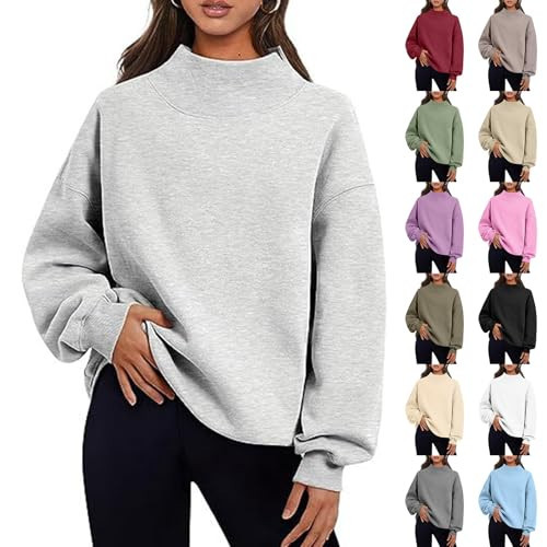 Mock Neck Sweatshirt Women Cute Oversized Sweatshirts Cozy Soft Pullover Sweaters Loose Fit No Hood Fashion Winter Clothes women clothes Gray M | Amazon (US)