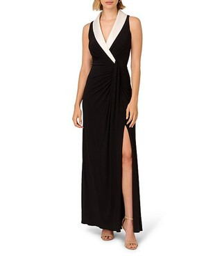 Jersey Surplice Lapel Neck Sleeveless Gown | Dillard's