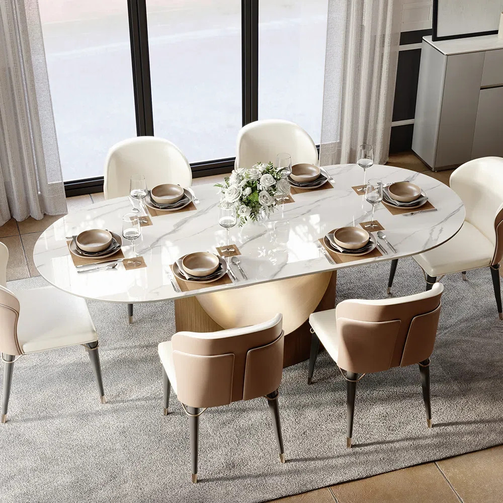 9 Pieces Dining Room Sets, Pre-Assembly Oval Dining Table Sets, Sintered Stone Tabletop Kitchen Dining Table Set With Upholstered Chairs | Wayfair North America