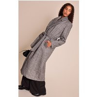 Grey Herringbone Tie Waist Maxi Coat | PrettyLittleThing UK