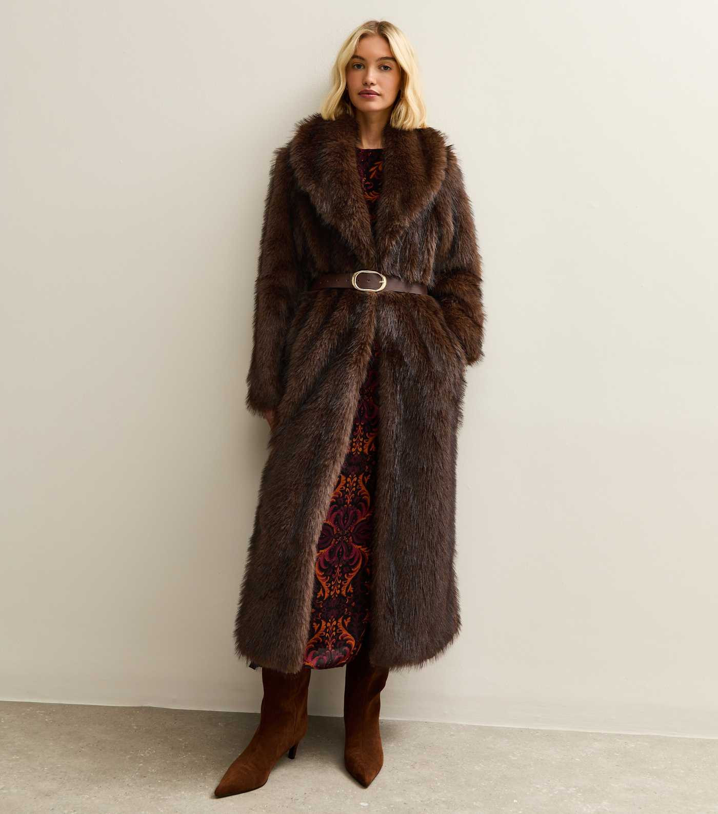 Dark Brown Faux Fur Longline Coat | New Look | New Look (UK)