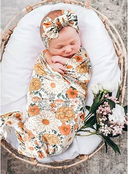 Konssy Baby Girl Newborn Receiving Blanket with Headband Set Baby Swaddle Floral Motif Nursery Sw... | Amazon (US)