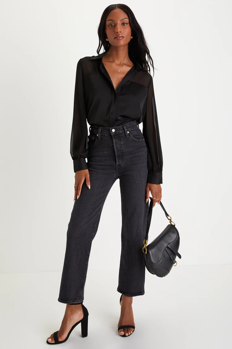 Definitely Iconic Black Satin Long Sleeve Button-Up Top | Lulus