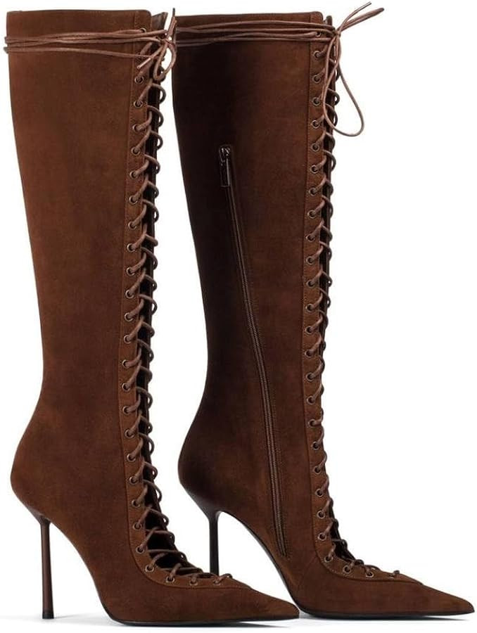 Saint Leia Women's Knee High Boots Pointed Toe Lace Up Stiletto Heel Fashion Elegant Long Boots | Amazon (US)