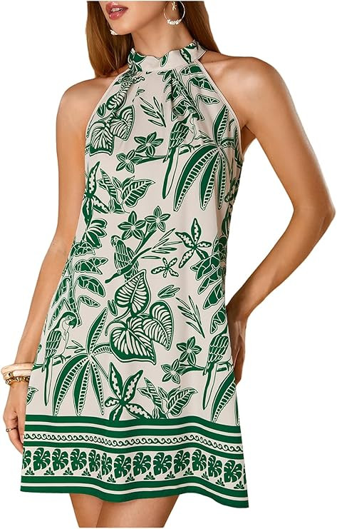 Floerns Women's Sleeveless Floral Print Sundress Halter Neck A Line Short Dress | Amazon (US)