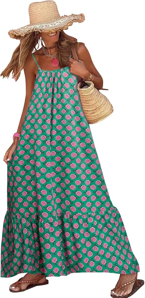 miduo Womens Summer Bohemian Pattern Spaghetti Straps Sleeveless Casual Maxi Long Dresses | Amazon (US)