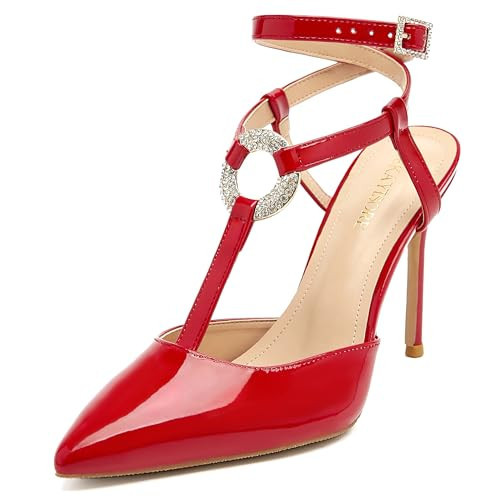 SEKAYISORE Red Heels for Women Closed Toe Rhinestone Ankle Strap Heels Sparkle Slingback Heels Red Pumps Dress Bridal Shoes Pointed Toe Stiletto High Heel Patent leather Party Size 7.5 | Amazon (US)