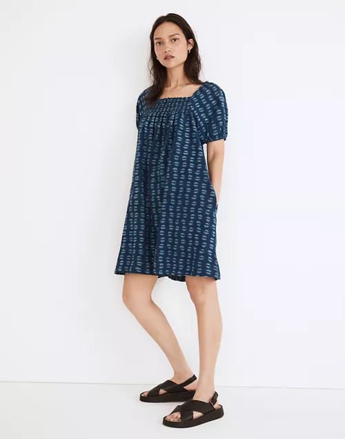 Puff-Sleeve A-Line Mini Dress in Indigo Block Print | Madewell