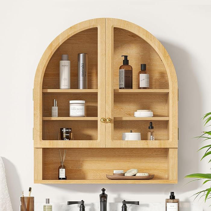 EYYTHUNG Armario de pared arqueado, botiquines flotantes para baño con puerta acrílica y estant... | Amazon (US)