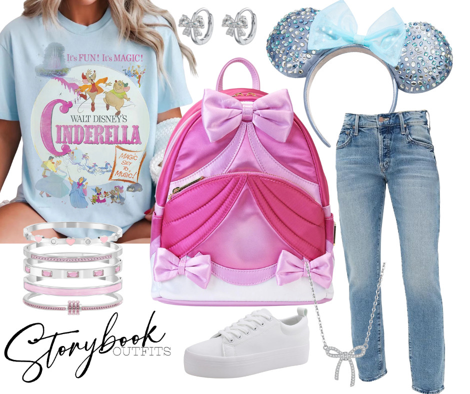 A soft fairytale park look featuring a vintage Cinderella tee, pink bow Loungefly, sparkling blue ears, stacked pastel jewelry, relaxed denim, and comfy platform sneakers — dreamy, wearable, and full of Disney magic! Perfect for Cinderella castle pictures! 

 #LTKTravel