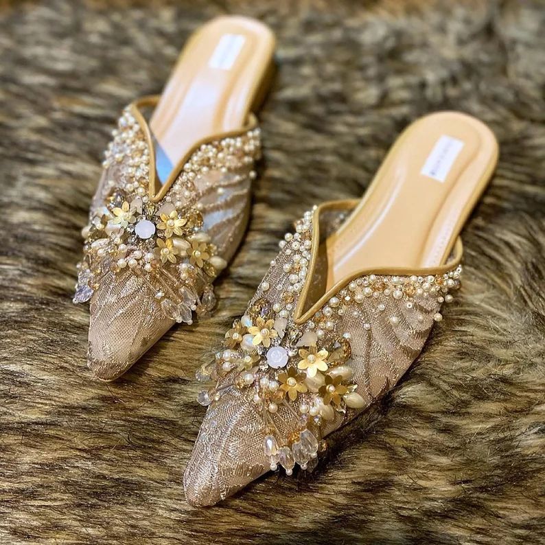 Women Wedding Brocade Gold Cream Mules Bridal Beaded Heels | Etsy | Etsy (US)