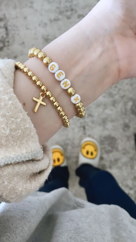 A little bracelet inspo! Gen X was made myself! The cross is linked. It’s currently sold out but should be restocking soon!

#miniflares #happyfaceslippers #braceletstack #armparty

#LTKfindsunder50 #LTKGiftGuide #LTKover40