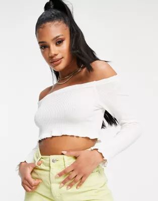 Threadbare Brooke ribbed Bardot knit crop sweater with ruffled edges in white | ASOS (Global)