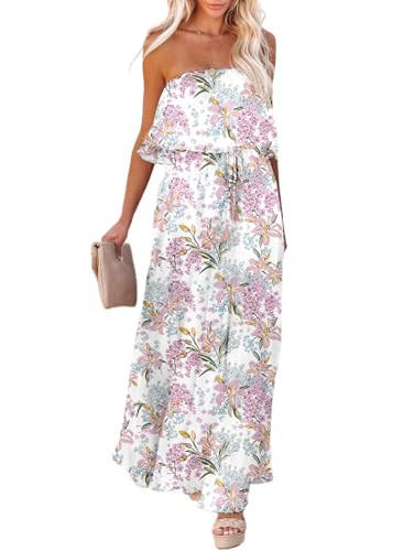 Dokotoo Strapless Boho Beach Vacation Clothes for Women High Waist Side Split Flowy Sexy Dresses Off The Shoulder Casual Beach Vacation Dresses White | Amazon (US)
