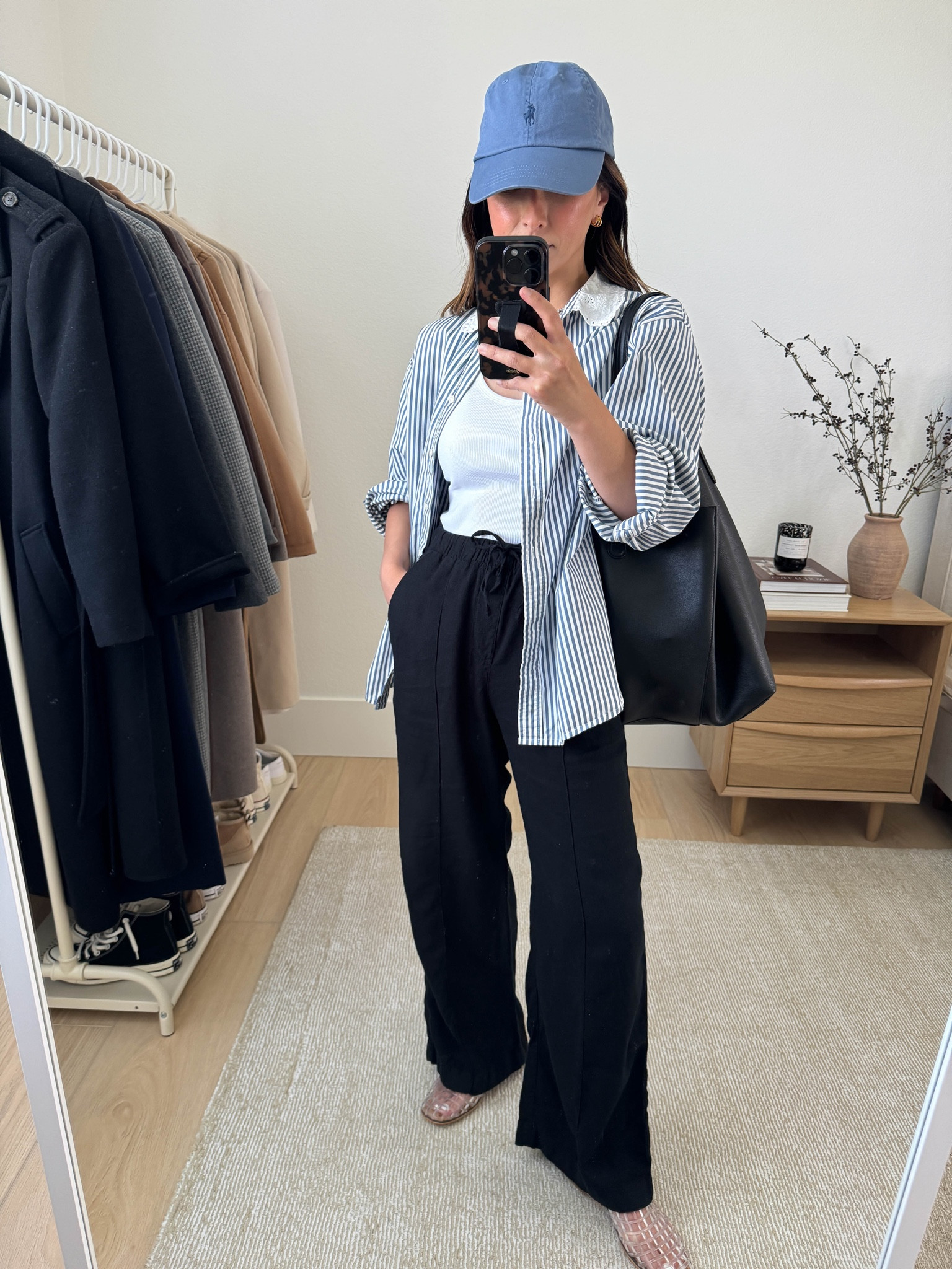 Button down shirts changed my summer wardrobe. I wear them buttoned up and unbuttoned. I wear poplin, linen, gauze. Oversized. 

Gap x Doen shirt xs (old, linked similar)
Madewell tank small
Gap Factory linen blend pants petite xs
Amazon Jelly flats 5.5
Mansur Gavriel tote
Polo Ralph Lauren hat
J.Crew earrings
Dorsey James Necklace 15"

#LTKPetite #LTKStyleTip #LTKShoeCrush