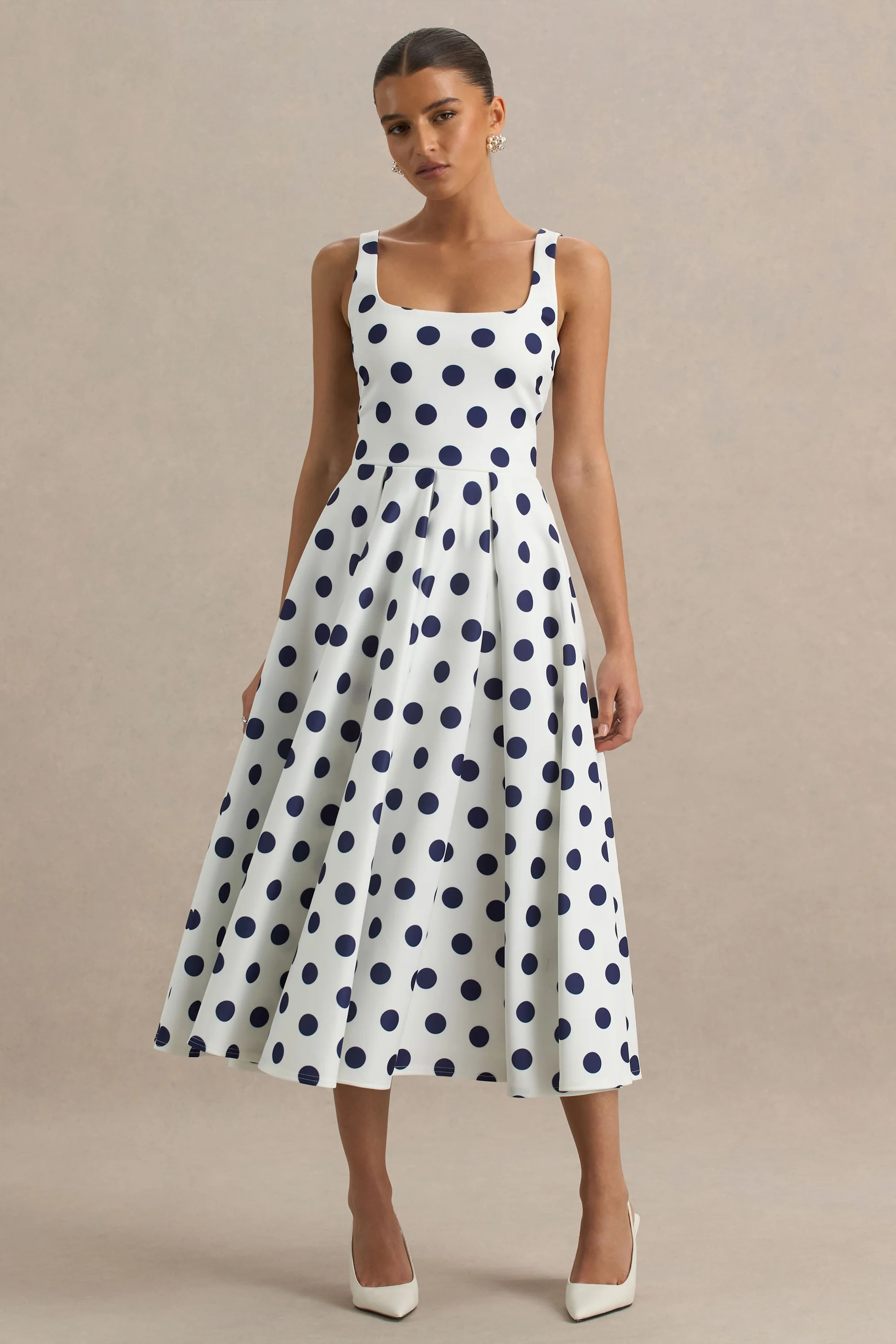 Berta | White And Navy Polka-Dot Square-Neck Midi Dress | Club L London
