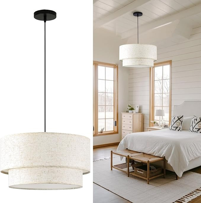 Linen Drum Pendant Light, 18” Double Drum Dining Room Light Fixture with Linen Lampshade, 3-Lig... | Amazon (US)