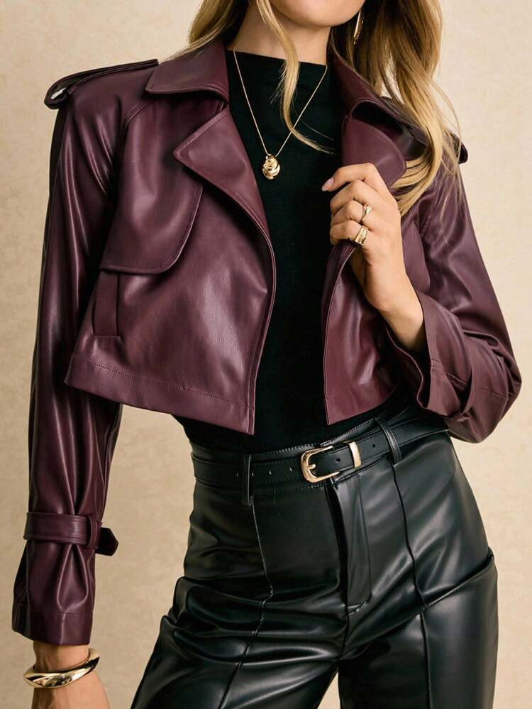 Poéselle Women's Fashion Street Casual Burgundy Turndown Collar Cropped Motorcycle Jacket,Wine Red,Elegant Jacket For Party,Women's Winter Jacket,Going Out Top Outfit,Christmas Outfit For Women ,New Year Women's Outfit,Old Money,Elegant Women,Classy Outfits For Women,Fall/Winter | SHEIN