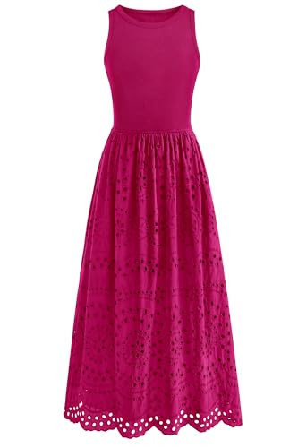 dowerme Women Summer Dresses 2026 Casual Sleeveless Crewneck A-Line Boho Lace Eyelet Cotton Tank Maxi Dress with Pockets(Rose Red,Small) | Amazon (US)