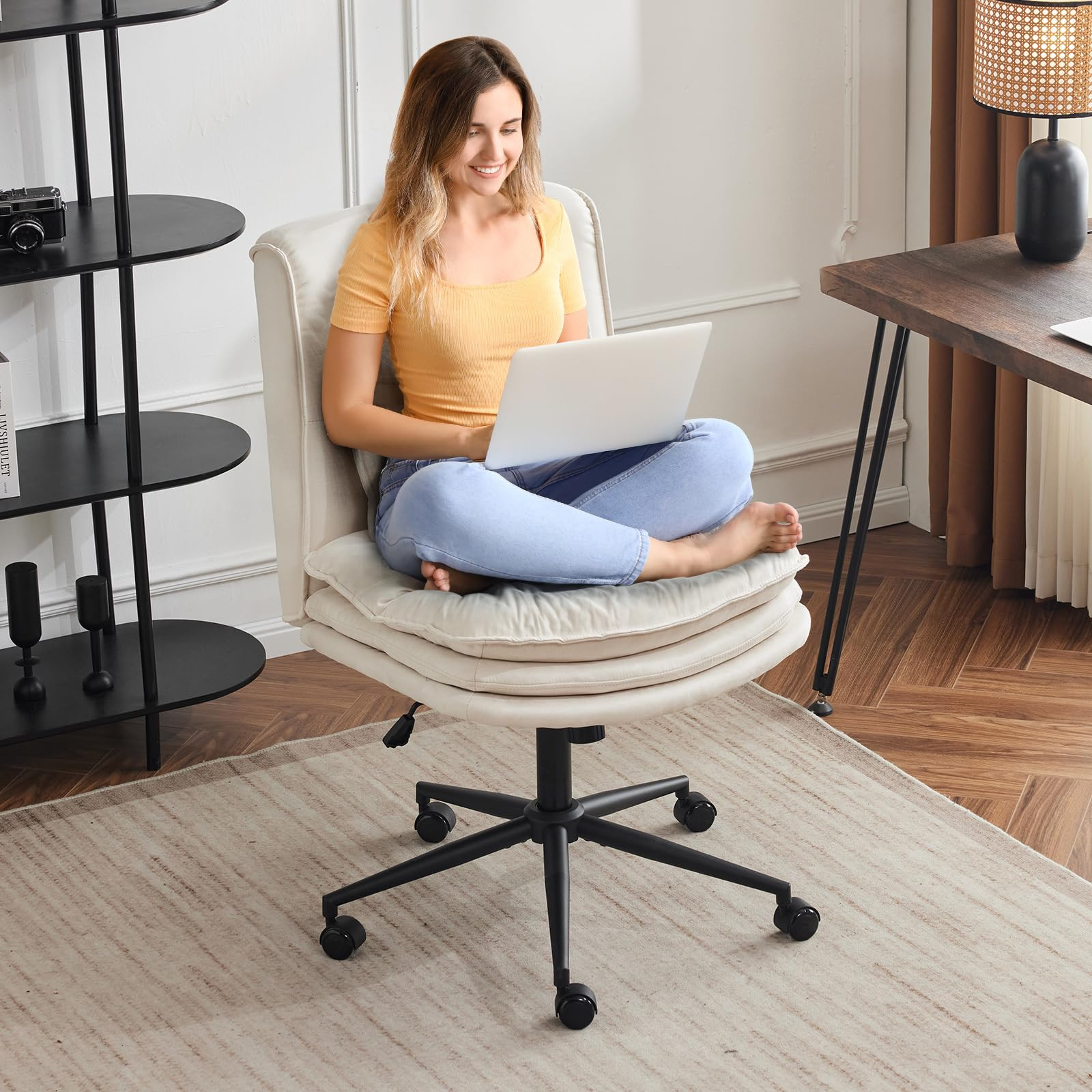 VINGLI Cloud Criss Cross Legged Chair,18" High Back Armless Home Office Desk Chair with Wheels,Wi... | Amazon (US)