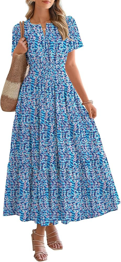 BTFBM Womens Summer Floral Maxi Dresses V Neck Short Sleeve Boho Casual Flowy Long Wedding Guest ... | Amazon (US)