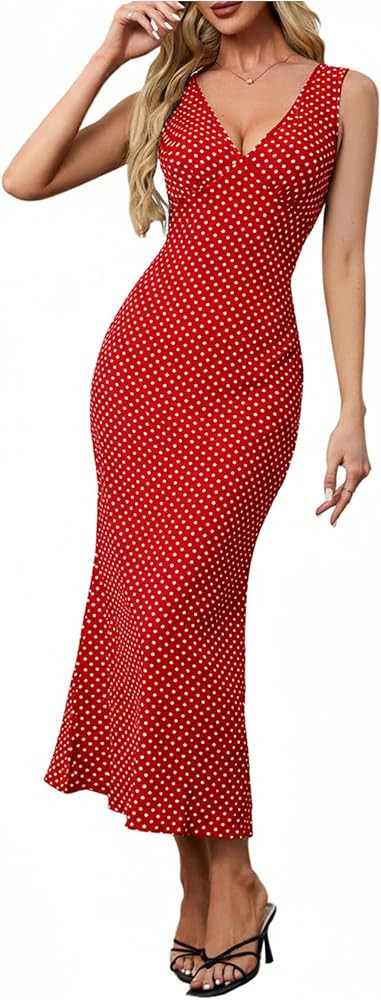 Women's Polka Dots Tie Back Dress Deep V Neck Sleeveless Maxi Going Out Dresses | Amazon (US)