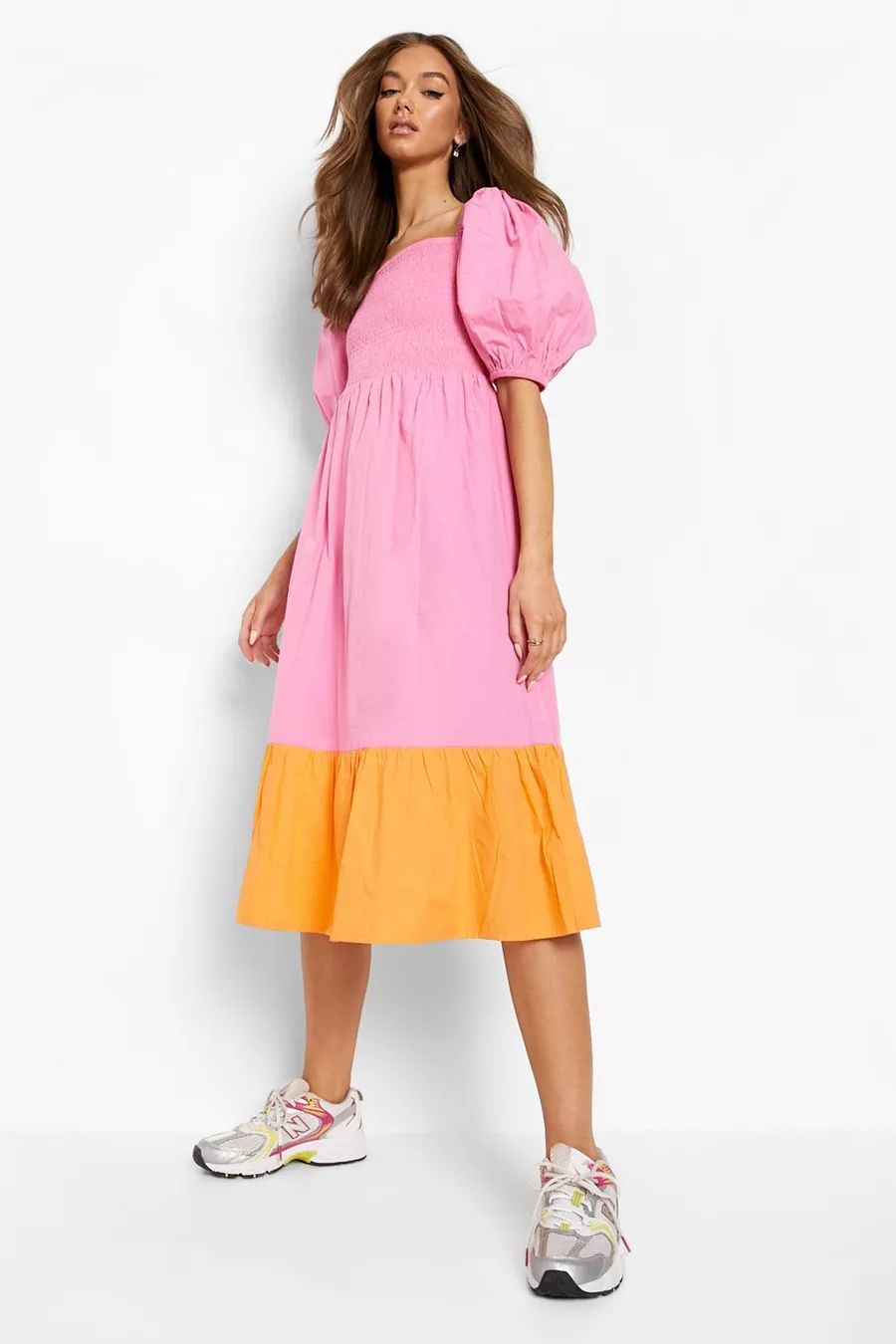 Cotton Colour Block Shirred Midi Dress | Boohoo.com (AU & NZ)