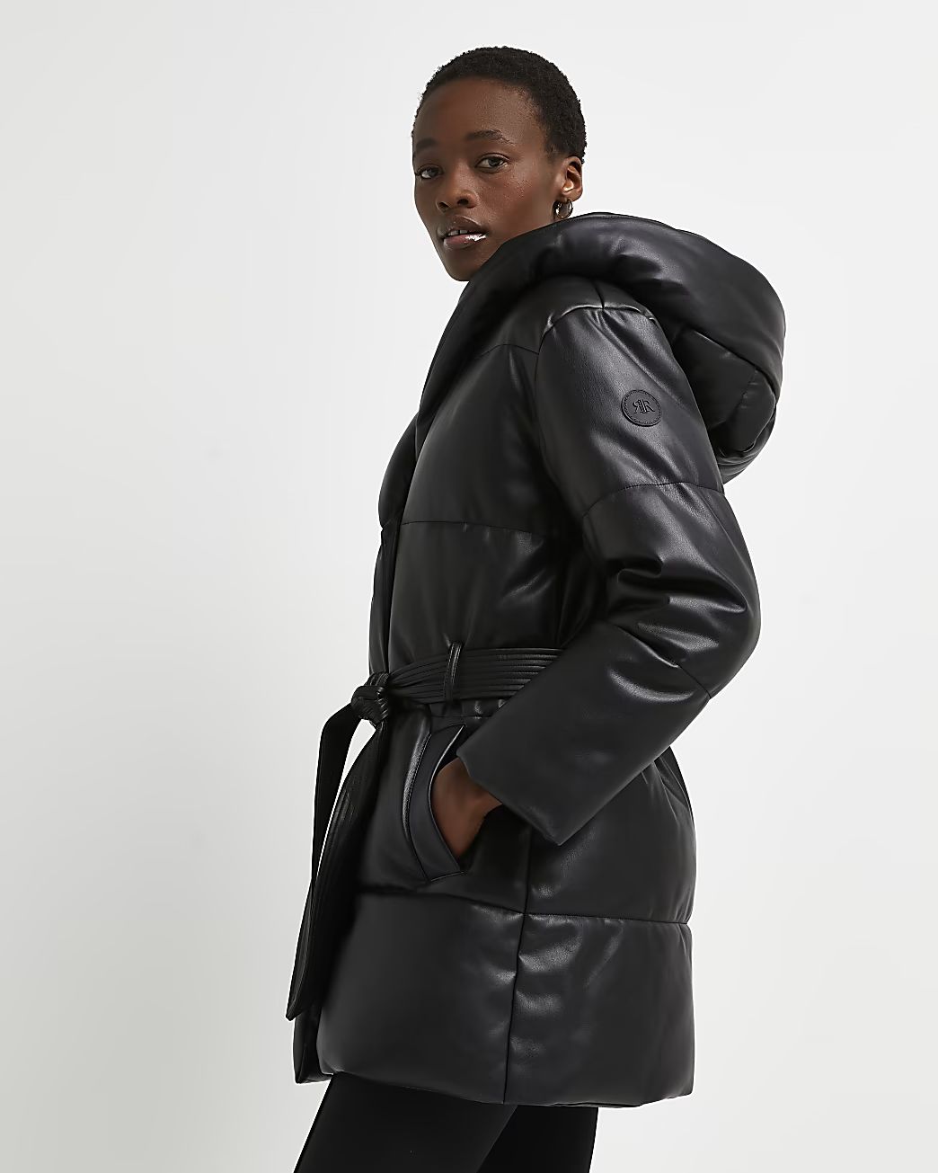 Black faux leather padded puffer coat | River Island (UK & IE)