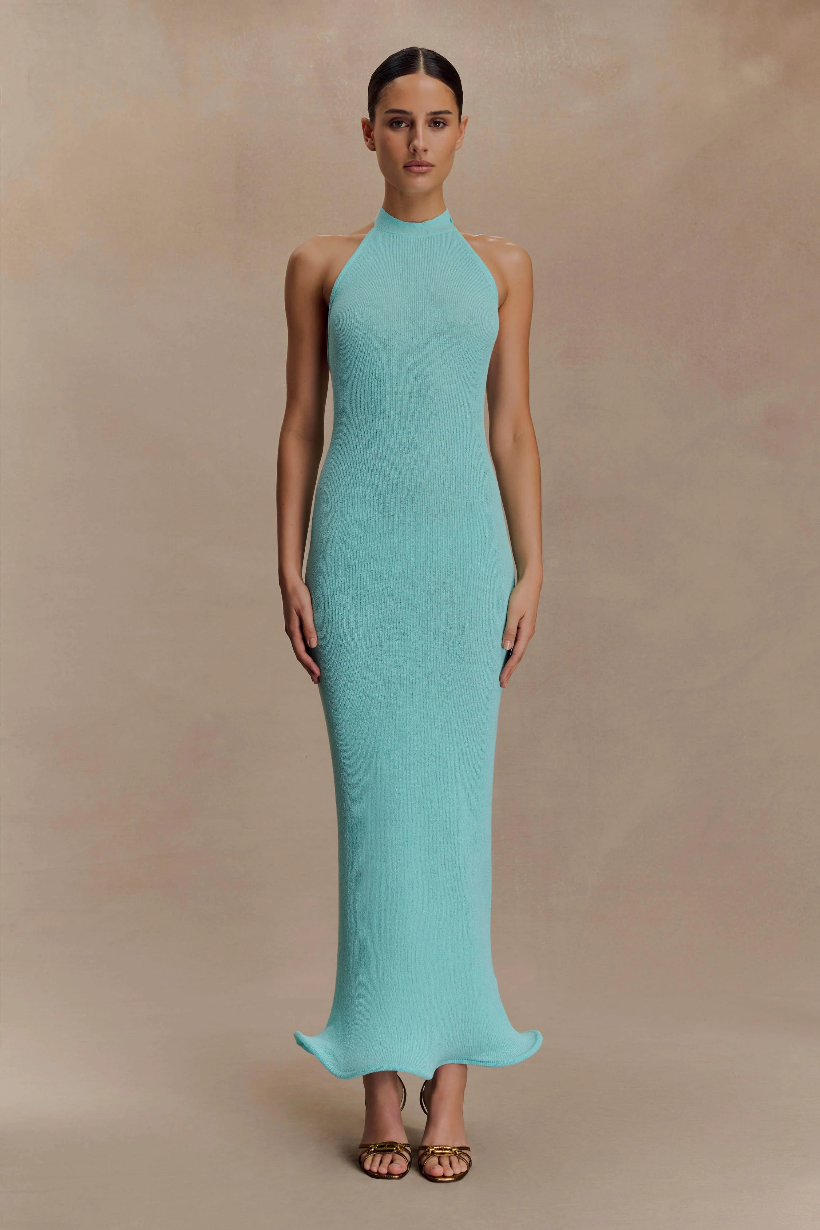 Melodie Halter Knit Maxi Dress - Cyan Blue | MESHKI US