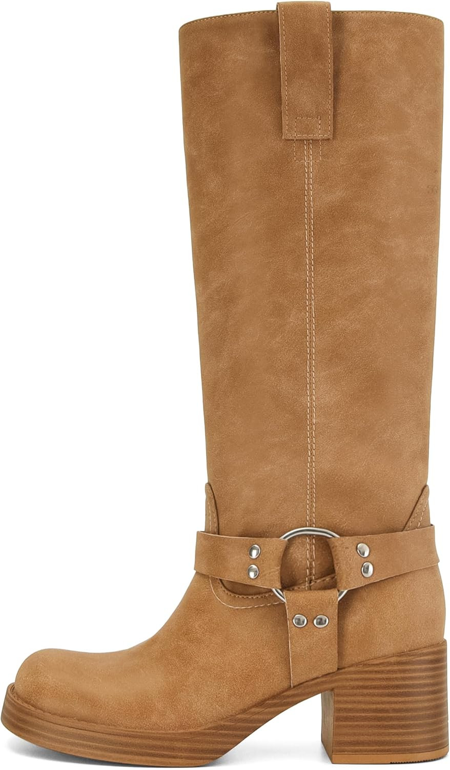 Women's Knee High Riding Boots Chunky Heel Wide Calf Motorcycle Boots with Side Zipper | Amazon (US)