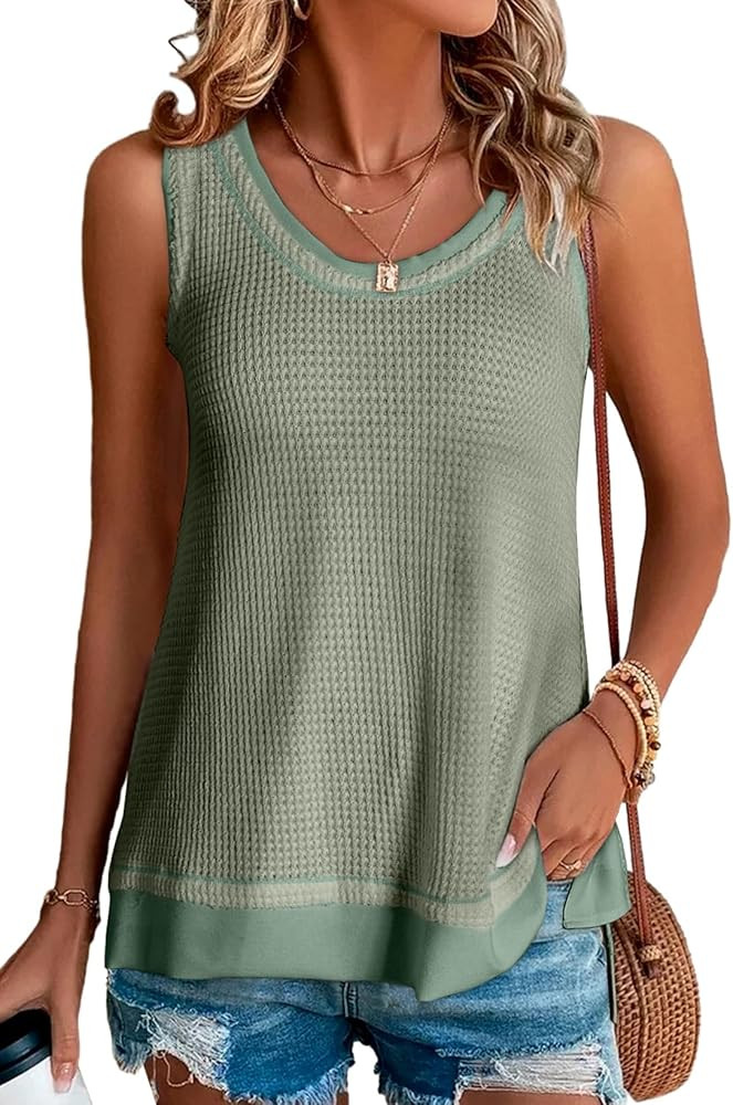 EVALESS Waffle Knit Tank Top for Women Summer Loose Fit Trendy Scoop Neck Sleeveless Tops | Amazon (US)