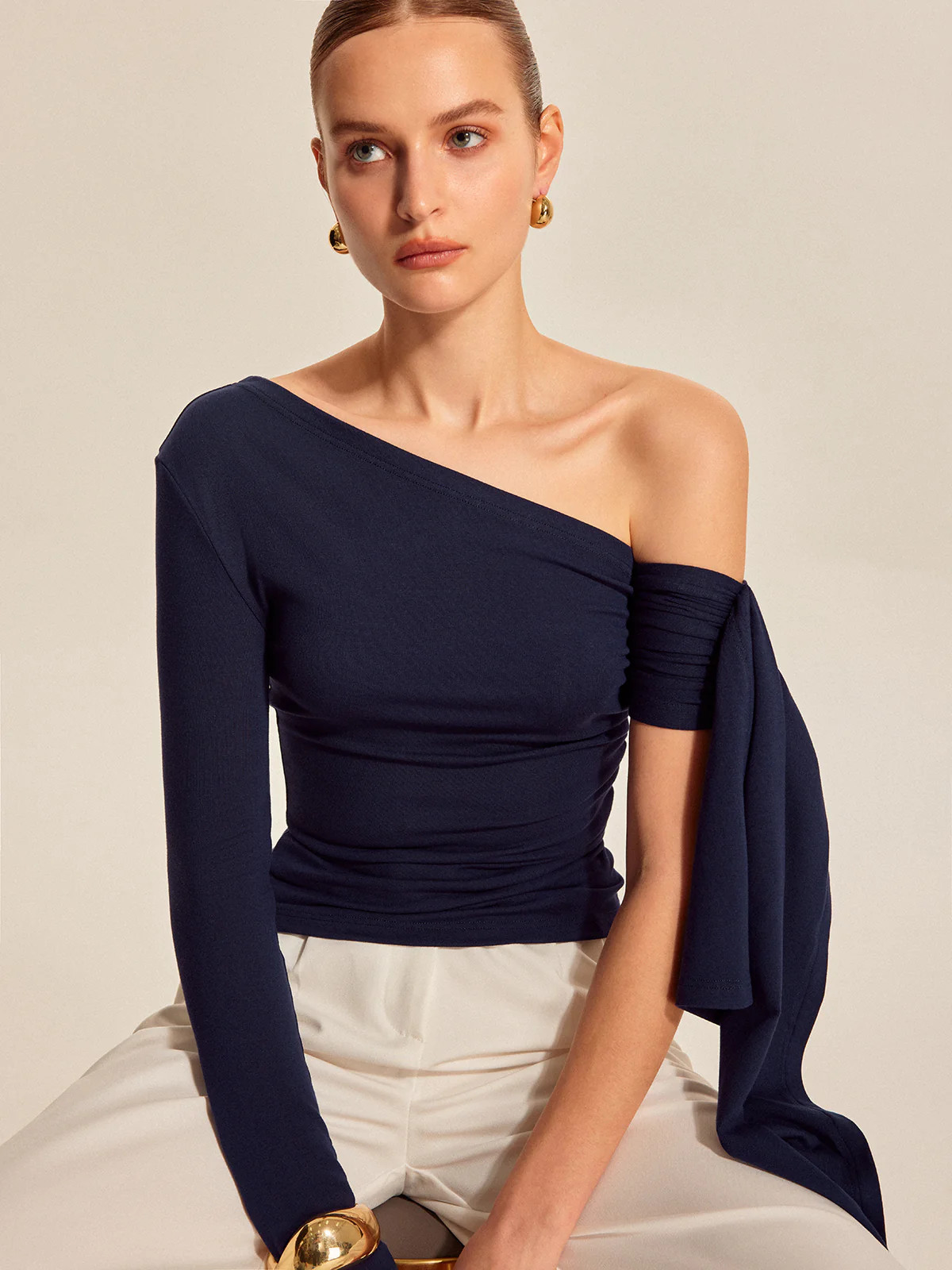 Asymmetrical Draped Sleeve Top | Commense