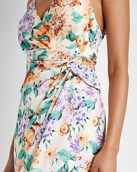 Floral Satin Twist Waist Hi-lo Midi Dress | Express