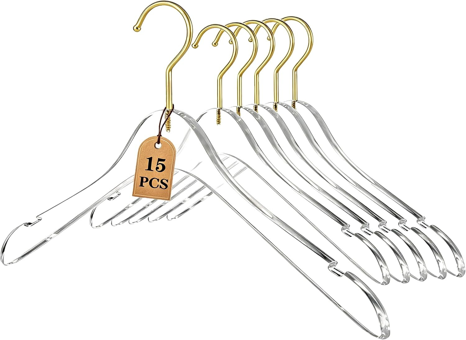 Besser 15 Pack Acrylic Hangers with Gold,Acrylic Clear Hanger,Premium Crystal Dress Hangers Swivel Gold Hook Luxurious Shiny Clothes Hangers(Clear-Style B) | Amazon (US)