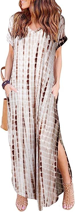 HUSKARY Women's Summer Maxi Dress Casual Loose Pockets Long Dress Short Sleeve Split | Amazon (US)