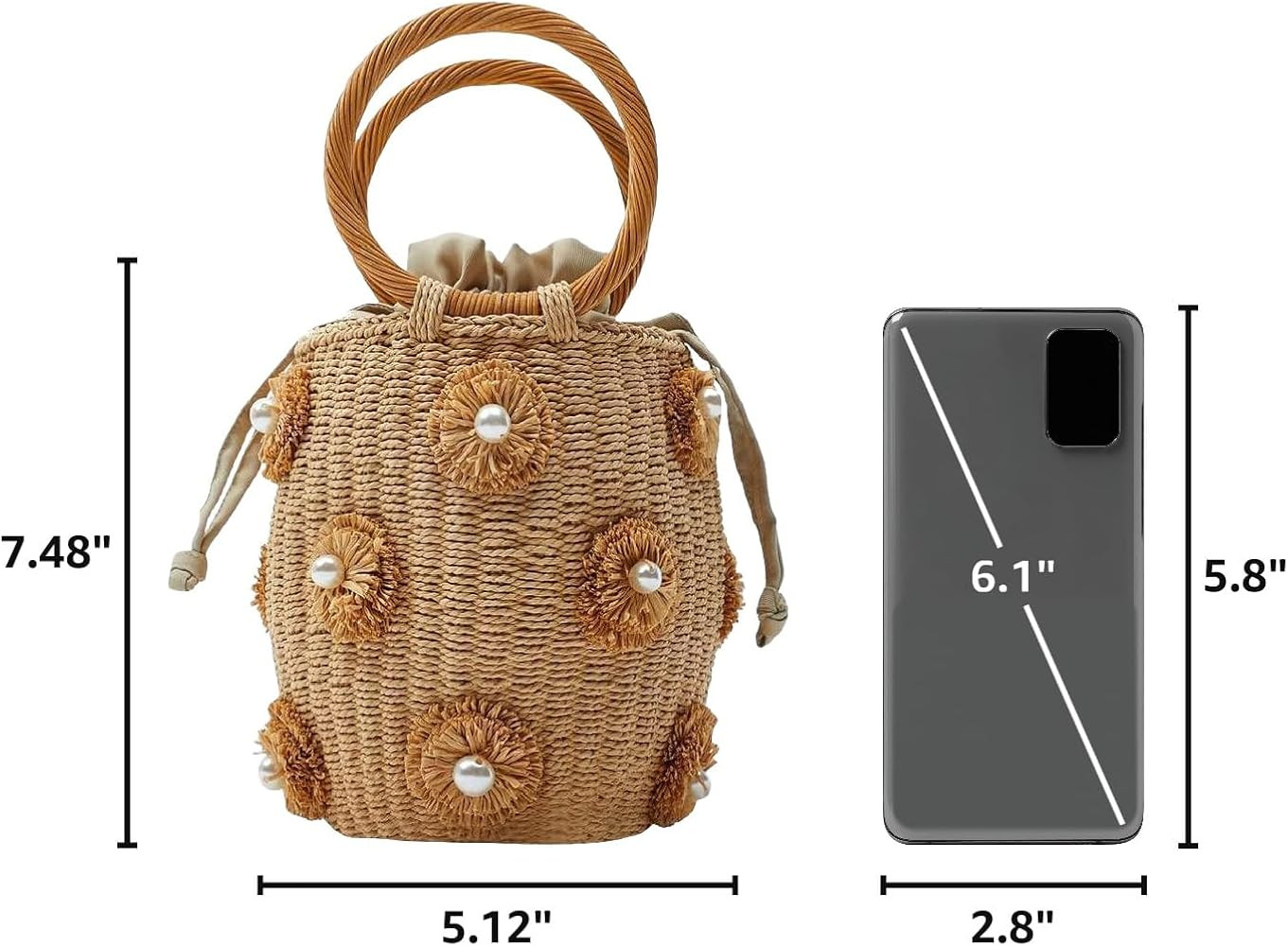 Flower Pearls Rattan Tote Bag Summer Beach Drawstring Straw Bucket Bag Diamonds Woven Handbag | Amazon (US)