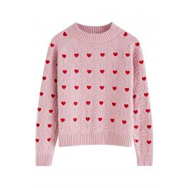 Full of Hearts Embroidered Emboss Knit Crop Sweater in Pink | Chicwish