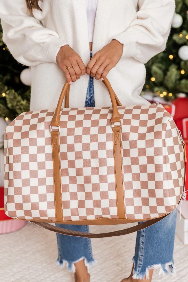 Boujee Weekend Away Camel Checkered Duffle Bag | Pink Lily