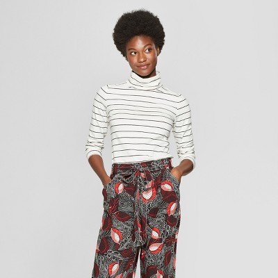 Women's Striped Long Sleeve Fitted Turtleneck - A New Day™ Cream/Black L | Target