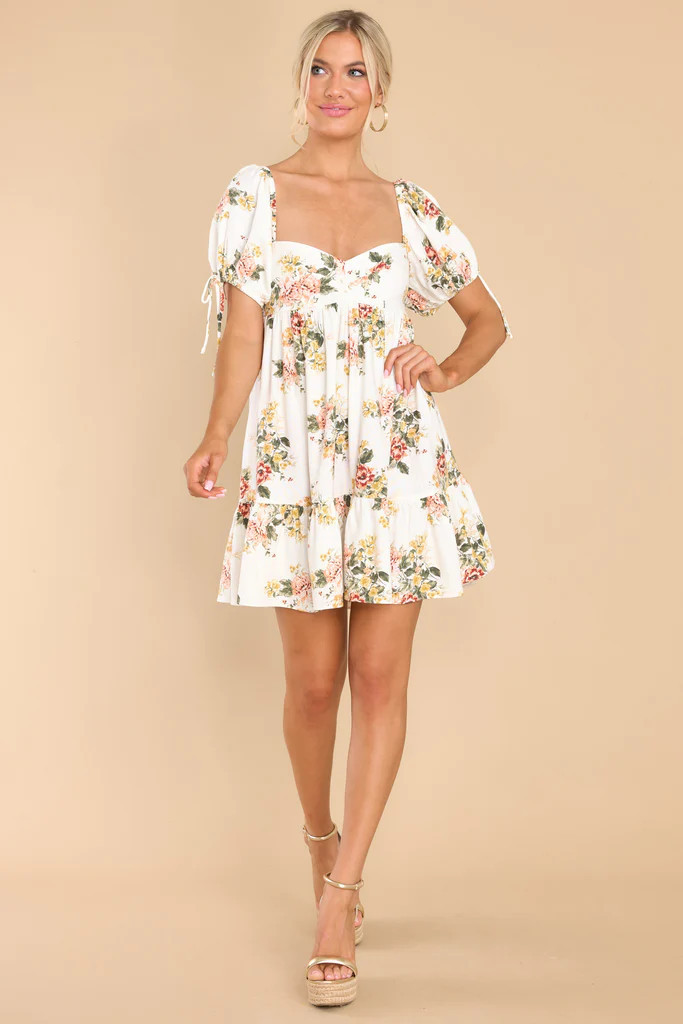 Garden Charm Off White Floral Print Dress | Red Dress 