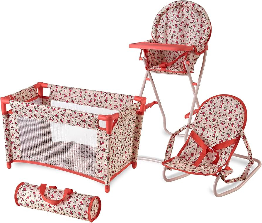 Floral Baby Doll Accessories Set, 3-1 Baby Doll Crib, Baby Doll High Chair & Bouncer Seat. 18 inc... | Amazon (US)