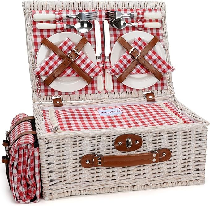 HappyPicnic Fitted Picnic Baskets Cooler Set for 4 Persons with Large Waterproof Picnic Blanket, ... | Amazon (US)