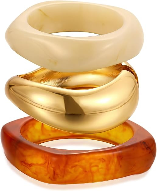 Chunky Gold Bangle Bracelets for Women, Dainty 14k Gold Plated Big Stackable Bangles Set, Trendy ... | Amazon (US)