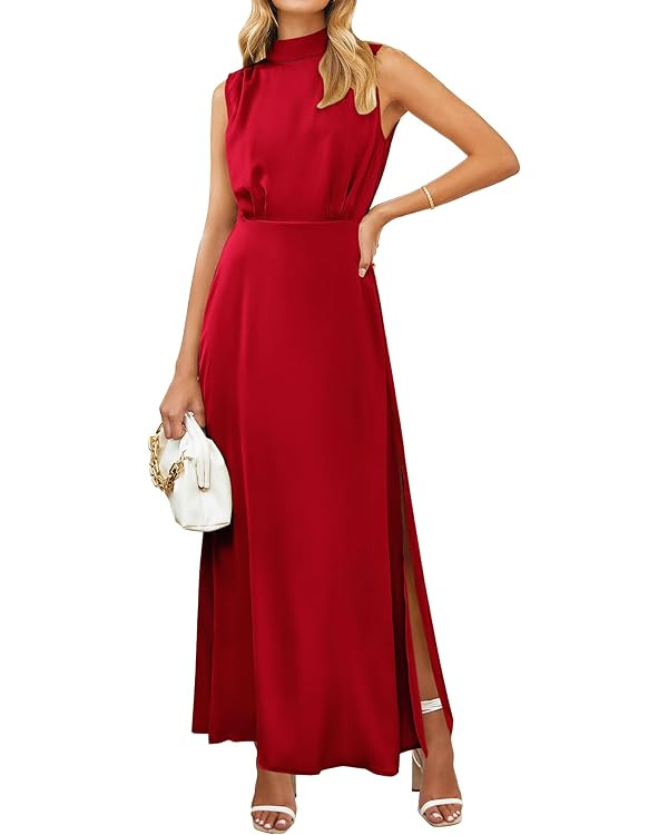 BTFBM Women Sleeveless Mock Neck Cocktail Dresses Keyhole Elastic Waist Party Wedding Guest Satin... | Amazon (US)