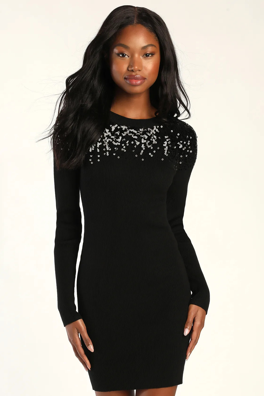 Snow Stopper Black Ribbed Sequin Mini Sweater Dress | Lulus (US)