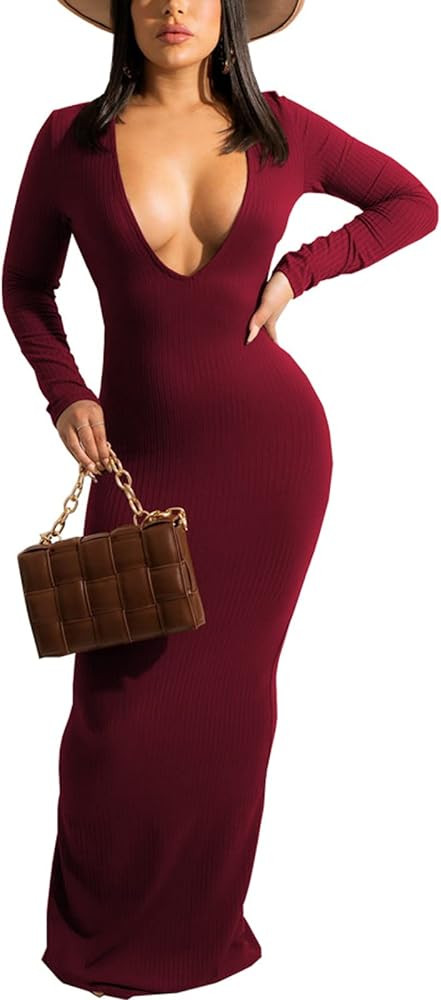 Women's Casual Long Sleeves Bodycon Maxi Dress Plus Size Sexy Deep V Neck Club Night Party Sweate... | Amazon (US)